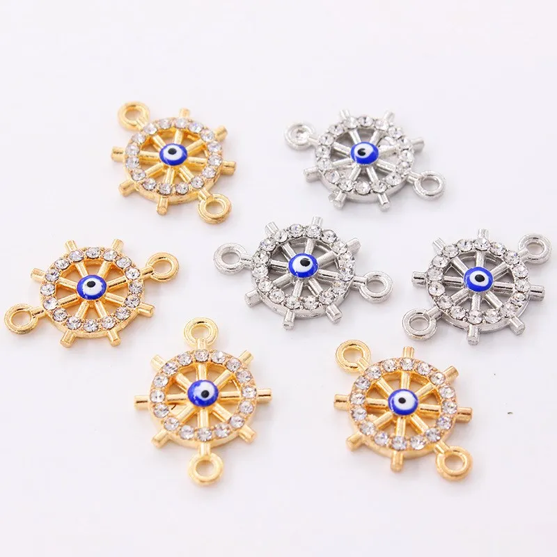 8pcs Handmade Rhinestone Ship Rudder Blue Eye Connectors Pendants DIY Charms For Jewelry Crafts Woman Bracelet Making 20*14mm
