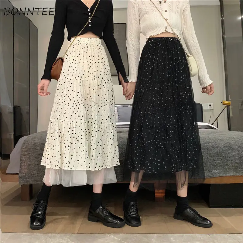 

Skirts Women Folds Empire Patchwork Simple Korean Style Friends Mujer Leisure Vintage Spring Female Mid-calf Streetwear Voile BF