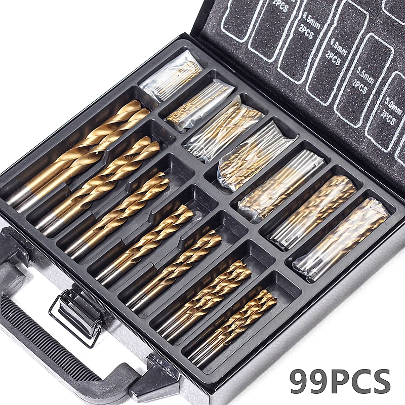 HEDA 99 PCS  HSS titanium twist drill Woodworking hole sawing hacksaw eye drill bit set