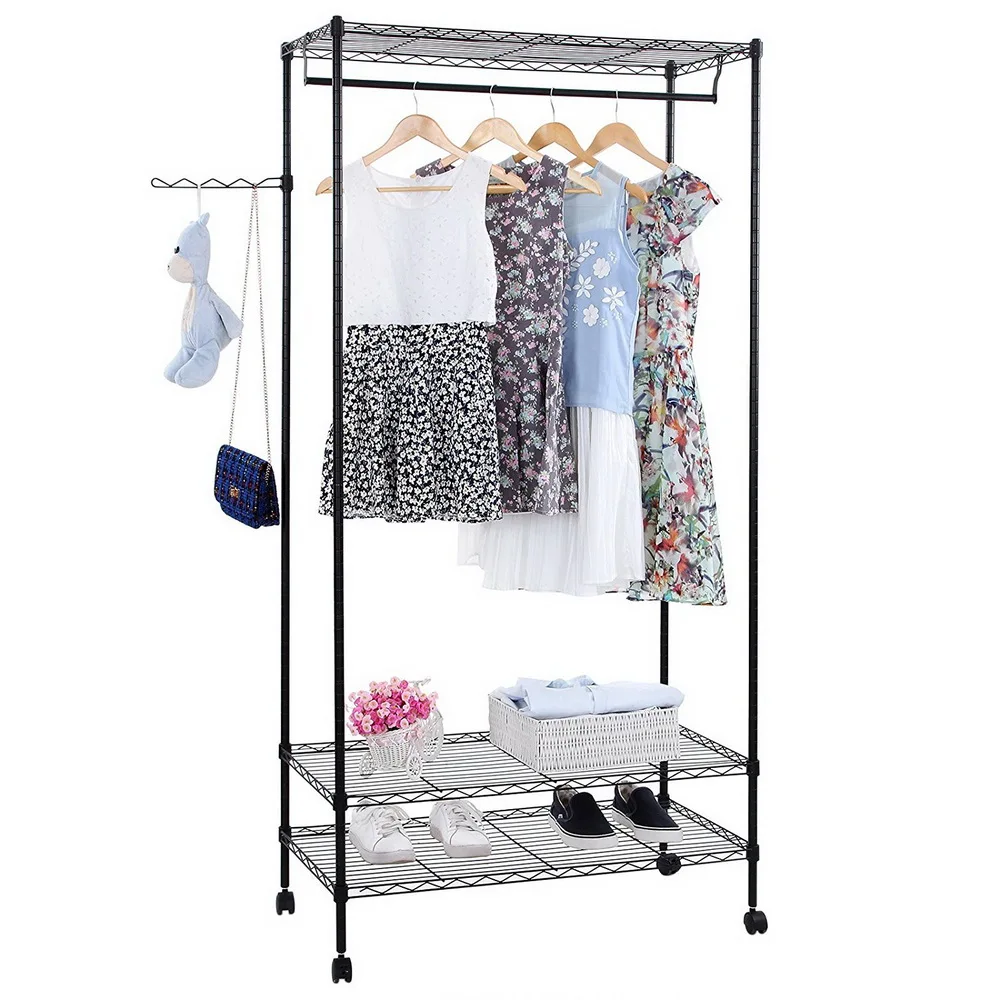 3-Tier Closet Organizer Metal Garment Rack Portable Clothes Hanger Home Shelf with Hooks 90x45x180CM Black[US-Stock]