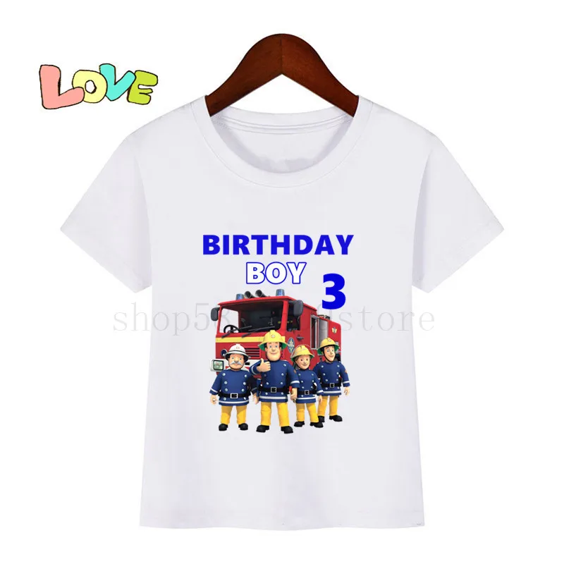 Kids Fireman Sam Birthday Number 1~9 Cartoon Print Children Clothes T-shirts Boy&Girl Write Name Cute Gift Tshirt Baby