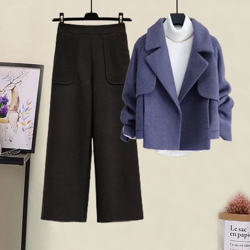 2024Winter One-Piece/Set Woolen Jacket Women Short Two-Piece Fashionable Suit High-Waist Wide-Leg Pants Coat Female