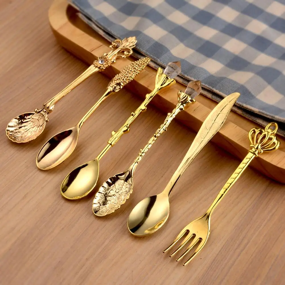 AG 6Pcs Gold Inlay Crown Head Long Handle Coffee Dessert Spoon Fork Dinnerware Western Cutlery Kitchen Food Tableware Dinner