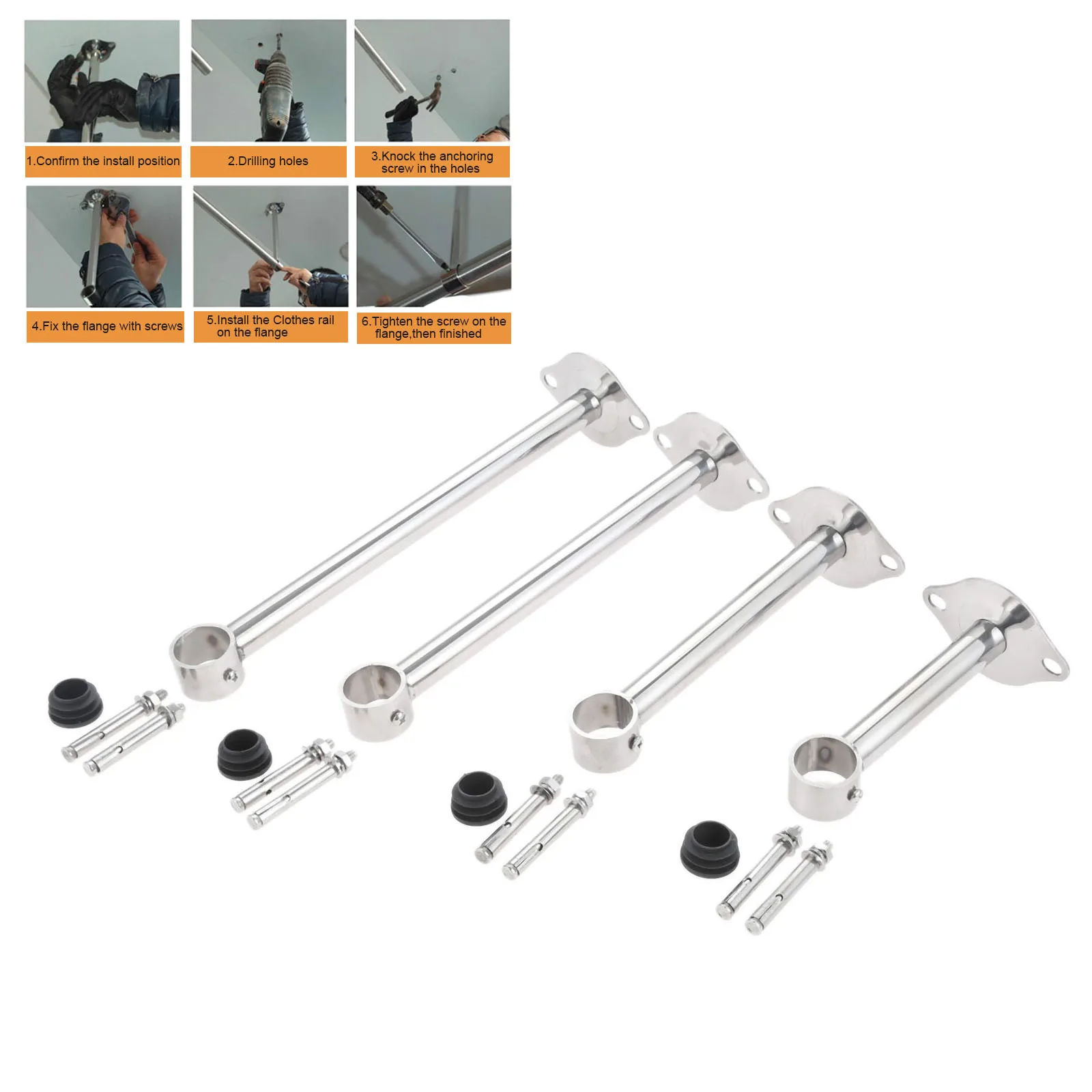 2pcs Wardrobe Flange Base Rail Support Bracket Stainless Steel Curtain Rod Socket Fit 25mm Tube +Screws 150/200/250/300mm