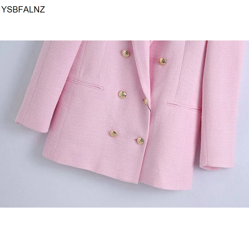 New Women 2023 Blazer Coat Fashion Double Breasted Pink Tweed Vintage Long Sleeve Jacket Female Outerwear Chic Veste Femme