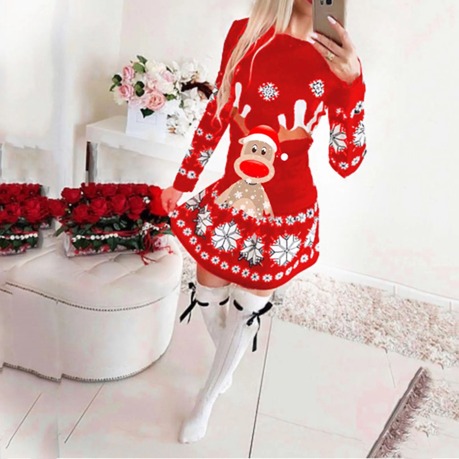 Womens Christmas Dresses 2021 New Sweatshirt For Women Casual Round Neck Fashion Elk Printed Tops Female Long Sleeve Pullover