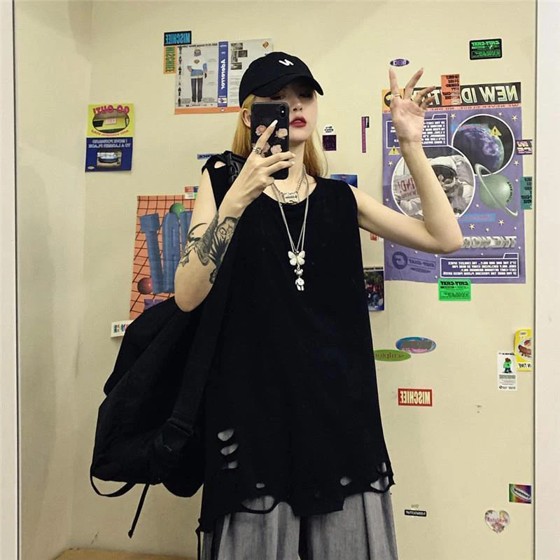 Summer Harajuku Hip Hop Ripped Hole Women Vest Beggar Outfit Loose Oversized Tank Top Sports T Shirt Streetwear Black Gray White