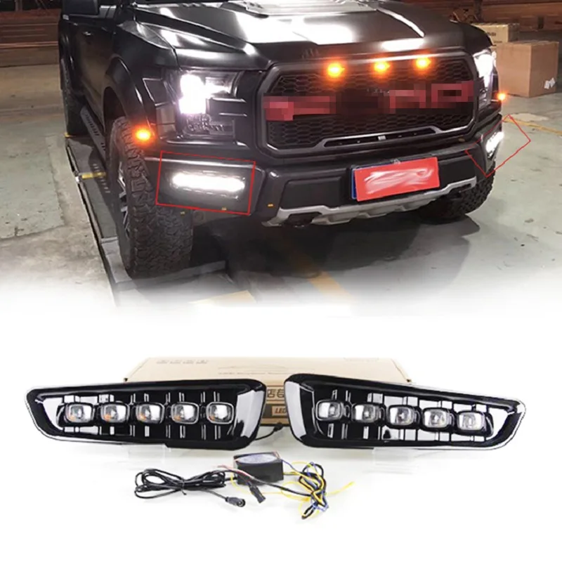 

2PCS LED Daytime Running Lights car styling white fit for FORD F-150 F150 2018 with yellow turning signal light FOG lamps