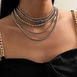 2021 Fashion Multilevel Geometric Silver-plate Square Purple Crystal Chain Necklace For Women Vintage Female Collar Jewely Gift
