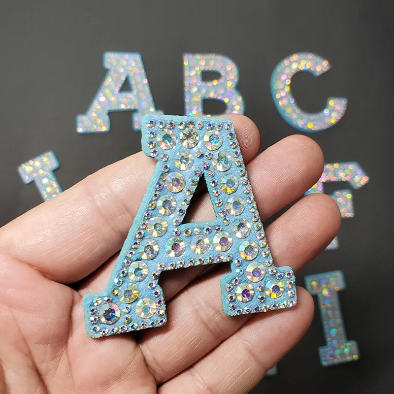 26 Blue Letters Rhinestones Alphabet Sew Iron On Patches for Clothing Shining Badges Name DIY Dress Jeans Appliques Decoration