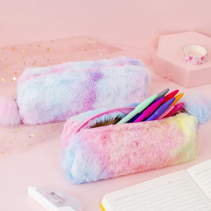 Kawaii Creative Pencil Case Gradient Color Cute Girl Plush Octagonal Pen Bag Girl Student Simple Storage Bag