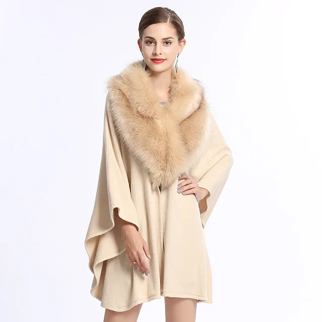 

Winter Europe new Fashon oversize loose imitation fox fur collar knit coat female bat sleeve cardigan shawl cloak jackets F239