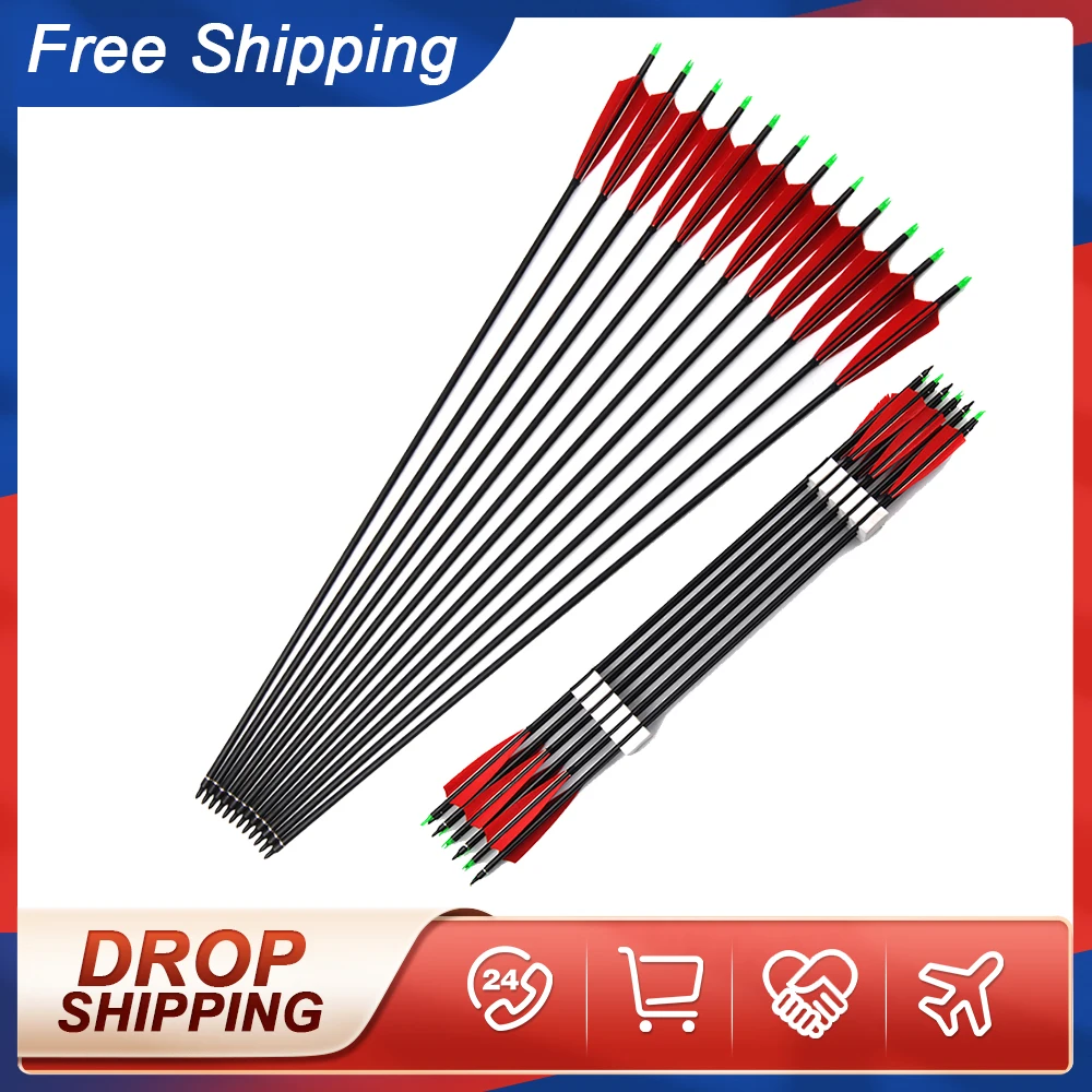 

85cm Spine 500 Carbon Arrows with Red Feather and Replaceable Tips for Recurve Compound Bow Hunting Shooting Archery