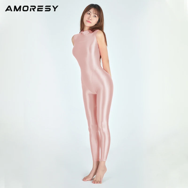 AMORESY sexy shiny high neck tights glossy smooth casual running Jumpsuit Yoga casual pants sexy 9-point sportswear