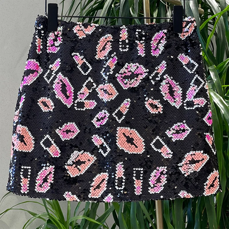 H80&S90 New Women Amazing Sexy And Club Sequin Beading Classic Lips Skirt Slim Mini Skirt Vintage Female Geometric A-Line Skirts