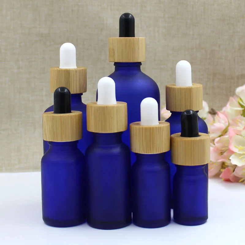 15Pcs Matte Frost Blue Glass Rubber Dropper Bottle 5ml 10ml 15ml 20ml 30ml 50ml 100ml Bamboo Wood Ring Empty Essential Oil Vials