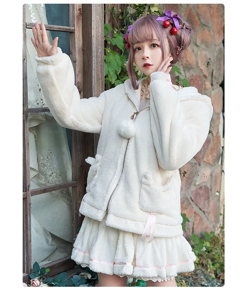 Manteau en peluche Lolita automne et hiver, manteau en peluche, oreilles de chat, oreilles de lapin, veste victorienne, manteau gothique, loli cos lolita top