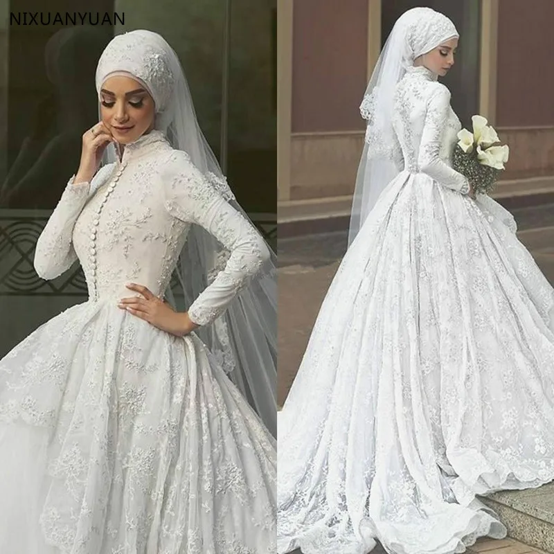 Vestido de novia musulmán de manga larga con Hijab bordado, ropa de novia de gasa blanca, línea A, de alta calidad, Árabe