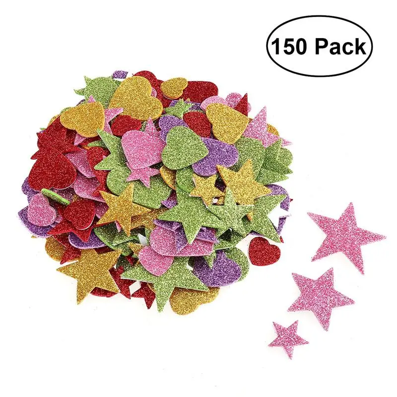 ULTNICE 150pcs Bling Scrapbook Stickers Foam Star & Heart Glitter Stickers for Wall Ceiling Projects (Random Color &