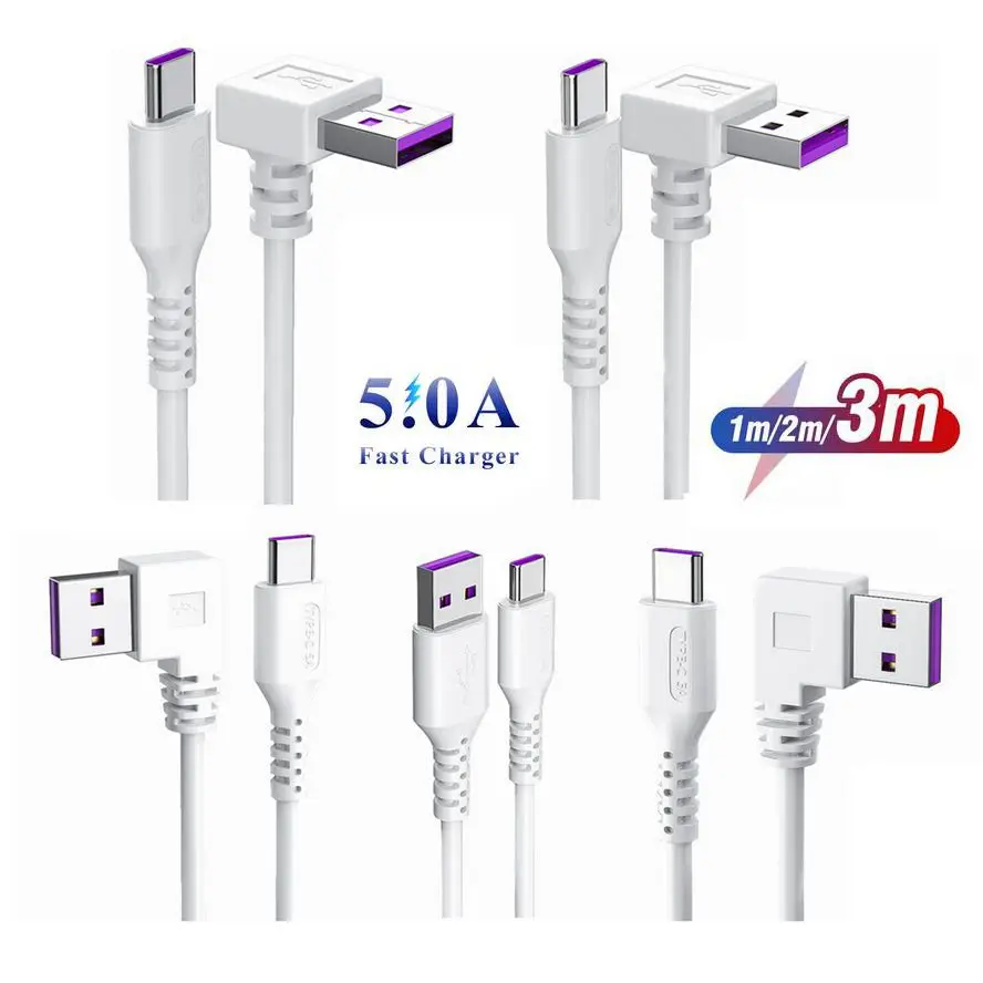 Kabel USB typu C 5A Kabel do szybkiego ładowania Kabel do daty 90 stopni w górę w dół Lewy prawy kąt Biały kabel do telefonu komórkowego Tablet