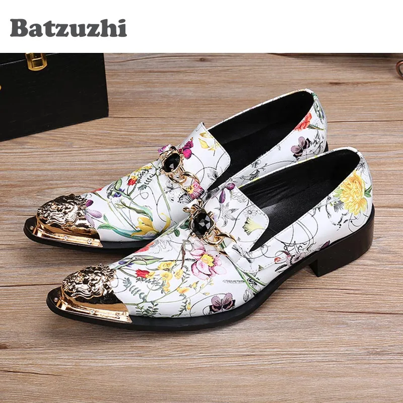 

Batzuzhi Italian Style Handmade Genuine Leather Shoes Men Pointed Metal Toe White Flower Print Leather Business/Party Shoes Men