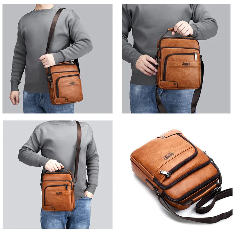 JEEP BULUO Brand High Quality Business Crossbody Tote Bags Man Leather Bags Male Cow Split Leather Handbag Messenger  For Men