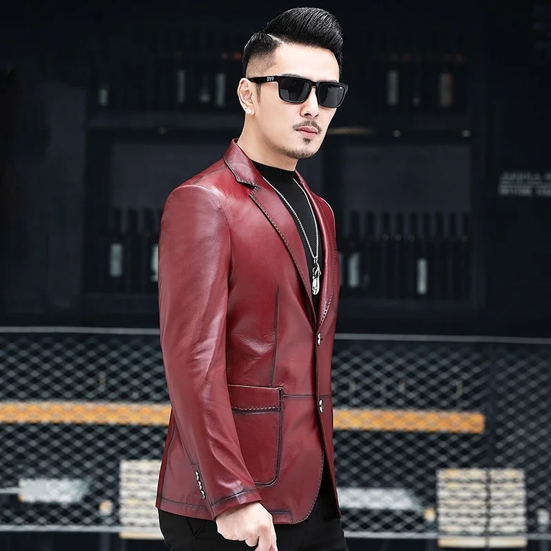 Genuine Brand Leather Suit Jacket Men Business Casual Sheepskin Jacket High Quality Slim Single Breasted Blazer Plus Size 4XL