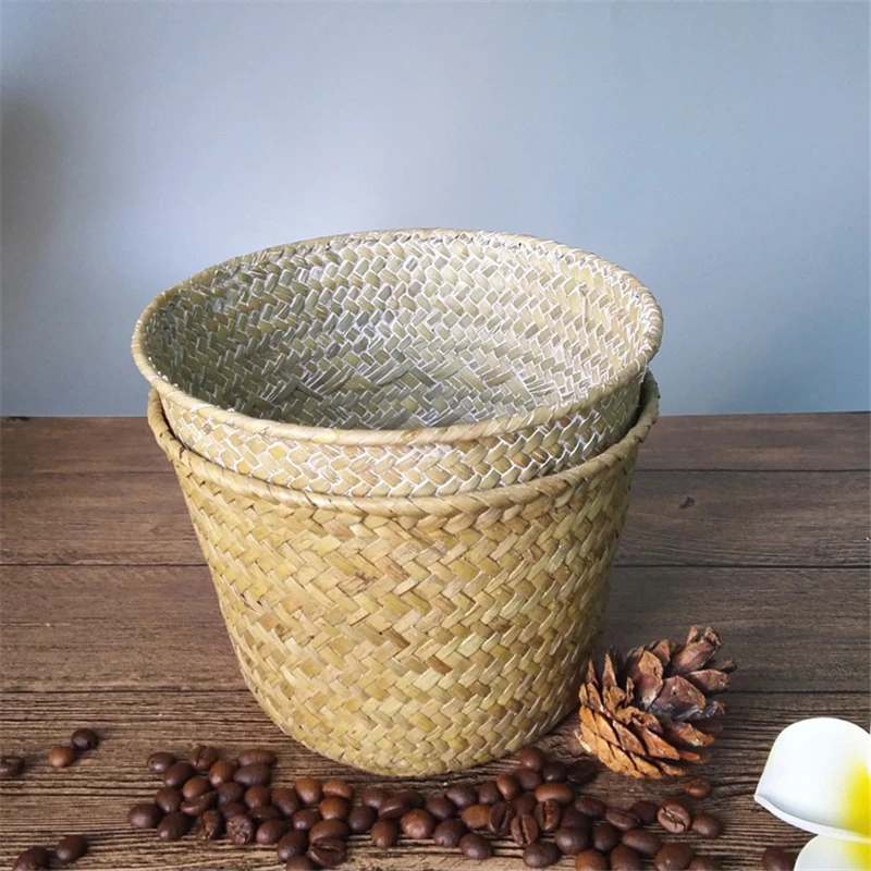 Bamboo Storage Baskets Straw Patchwork Handmade Laundry Wicker Rattan Seagrass Belly Garden Flower Kitchen Storage Basket 1PC