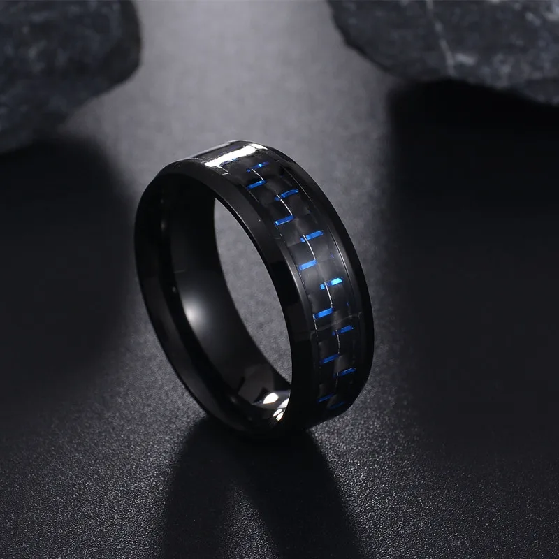 Trendy 8MM Wide Punk Carbon Fiber Lattice Ring Red Blue Lattice Couple Ring  For Women Men Unique Jewelry Party Wedding Gifts