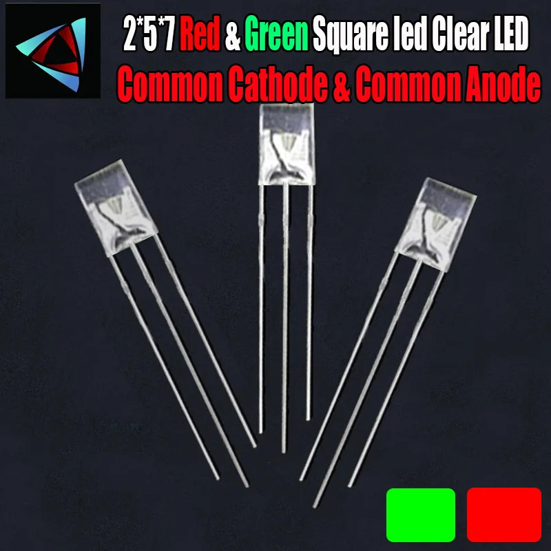 50pcs 2*5*7 Square led Diode 257 MM Dual Color Red And Green Clear Lens Common Cathode & Common Anode Round Bi-Color DIY Light