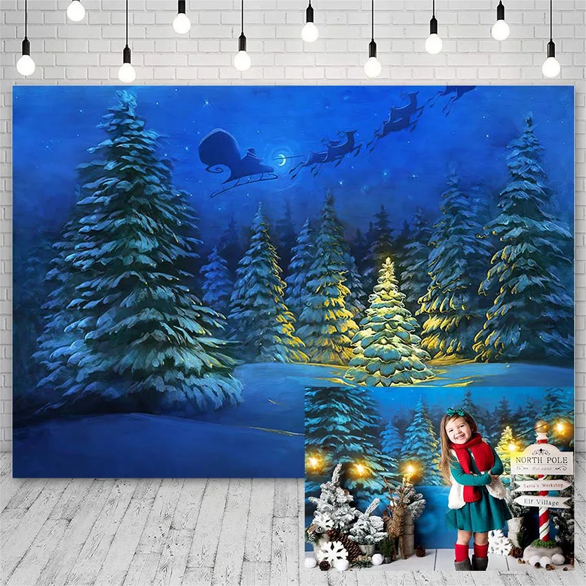 Avezano Christmas Backdrops Tree Winter Night Pine Snow Santa Sleigh Decor Banners Photography Background Photo Studio Photozone