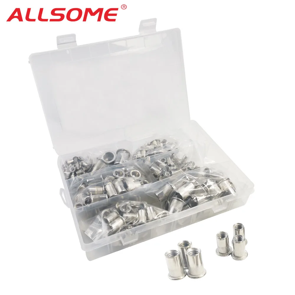 ALLSOME 300Pcs Stainless Steel Riveter Nut M3 M4 M5 M6 M8 M10 M12 Head Rivet Nuts Set Nuts Insert Reveting Multi Size with BOX