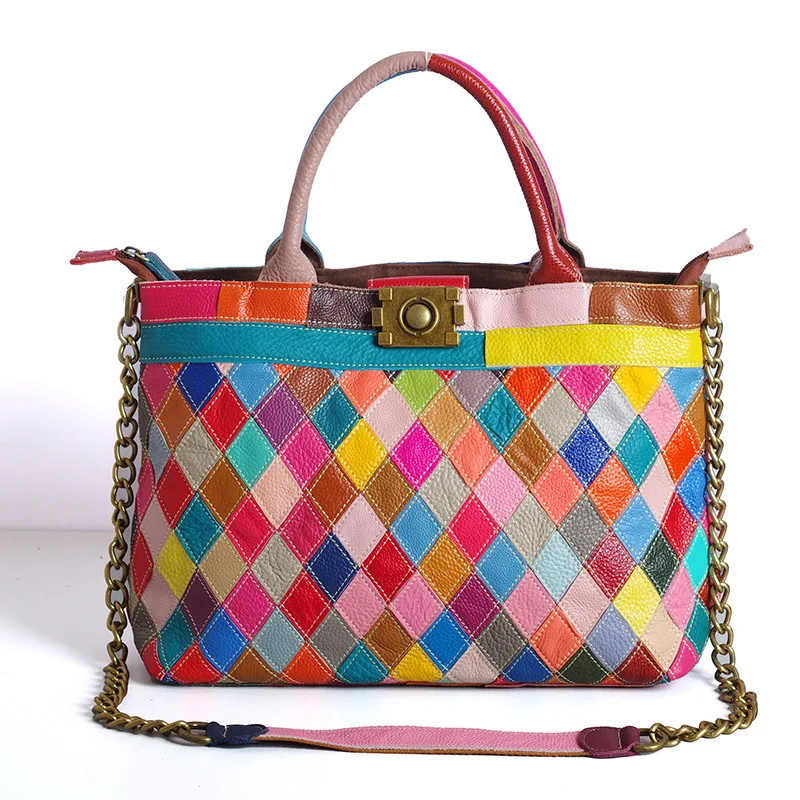 

High Quality Leather Women's Fashion Colorful Random Spliced Shoulder Tote bag Casual Patchwork Geometric Female Handbag 598