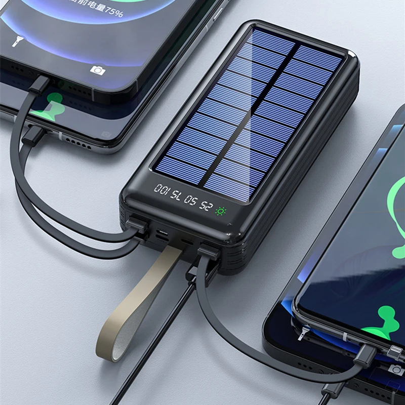 Solar Power Bank with Cable External Battery Pack Powerbank for iPhone 13 12 Xiaomi Samsung S21 Mobile Phone Chargers 60000mAh