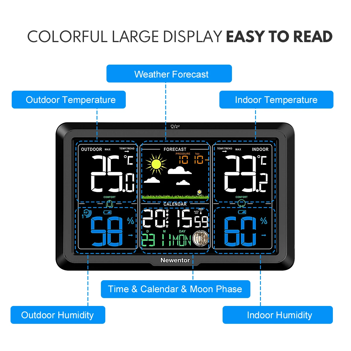 Newentor  Weather Station Wireless Alarm Clock Adjustable Backlight Remote Indoor Outdoor Thermometer Humity Pressure Sensor