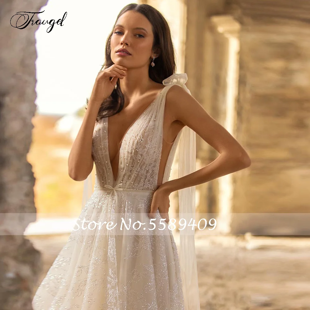 Traugel A-Line Beach Wedding Dresses V-Neck Bow Sleeveless Ribbon Vestido De Novia Shiny Lace Beaded Boho Robe De Mariee