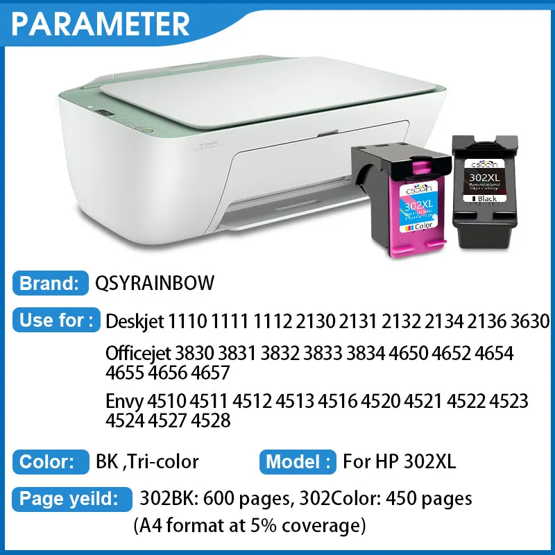 QSYRAINBOW 302XL HP302 Deskjet Cartucho De Tinta Remanufaturados Para HP 302 1110 3830 3831 3833 4650 4654 4657 4511 5520