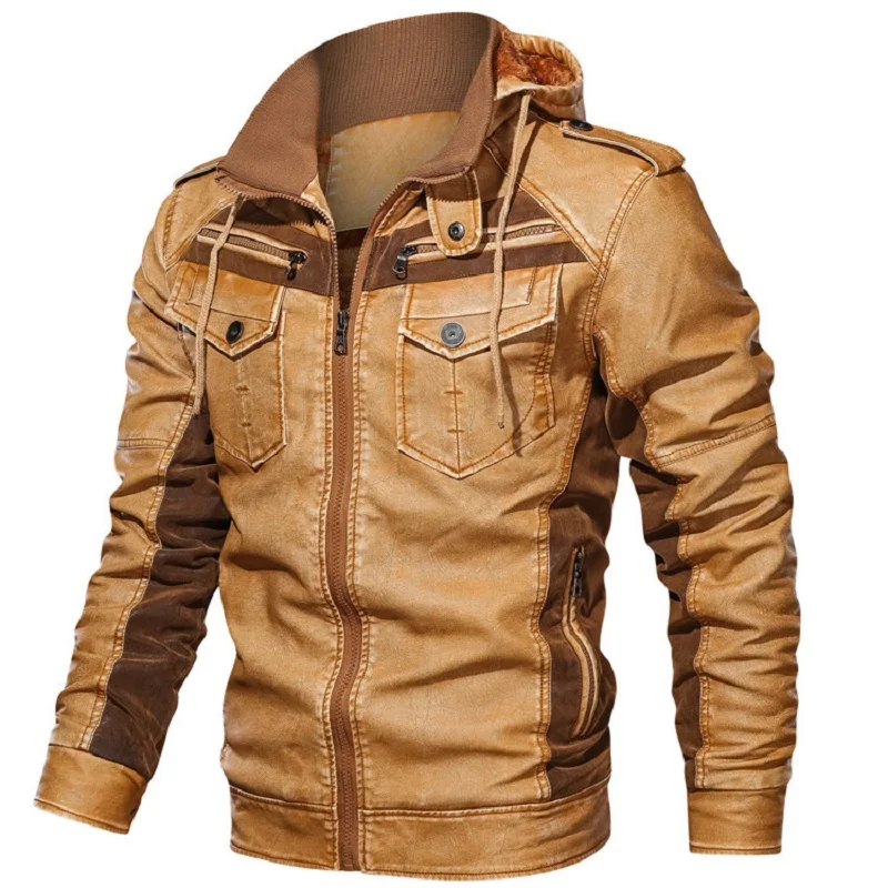 

Men's Leather Jackets Winter Fleece Thick Warm Hooded Motorcycle PU Coats Male Military Outwear Zipper Casual Chaquetas Hombre