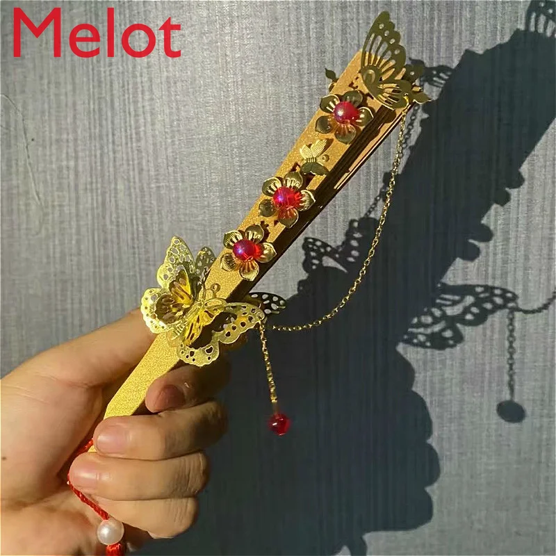 High-End Chinese Style Handmade Made Gold Foil Fan Peripheral Antique Retro Fan Folding Fan Prop Ornaments