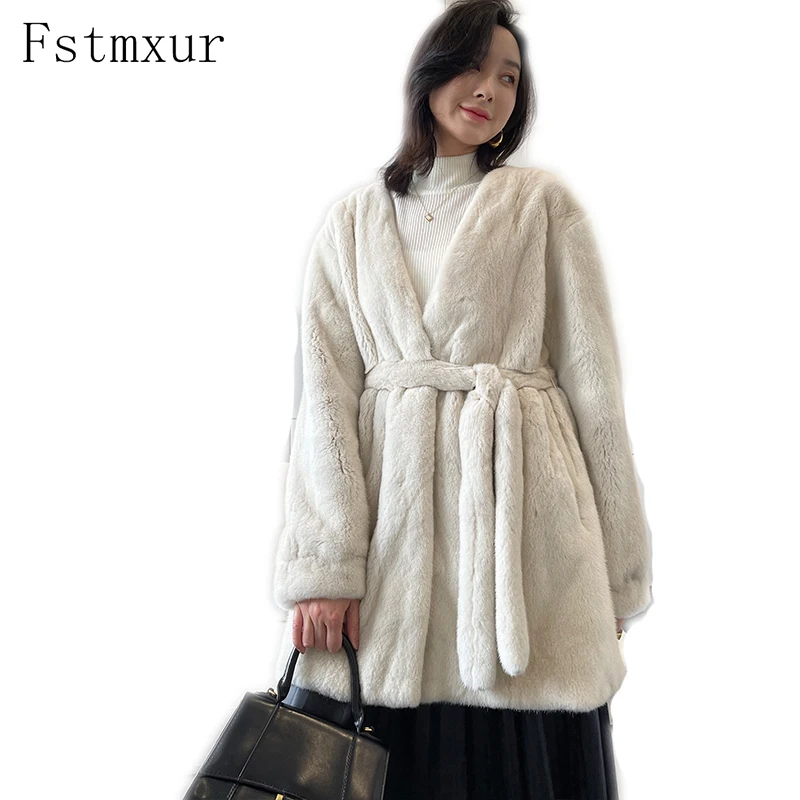 Fstmxur 2021 New Copenhagen Imports Velvt Mink Fur Coat Womens Full Sleeve V-Neck With Sashes Warm Soft Medium Mink Fur Coats