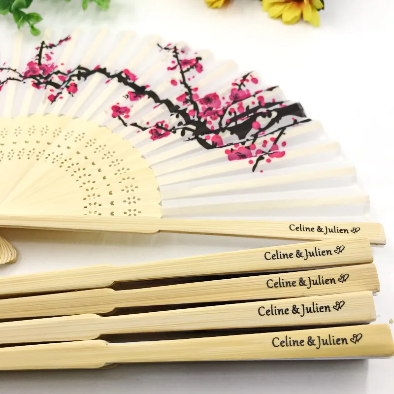 50/75PCS Personalized Wedding Cherry Blossom Fan Custom Printing Newlyweds Name and Date Hand Folding Fans Party Supplies