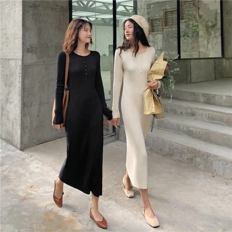 

Women Long Sweater Dress Autumn and Winter Knit Maxi Dress Solid Color Loose Casual Dresses