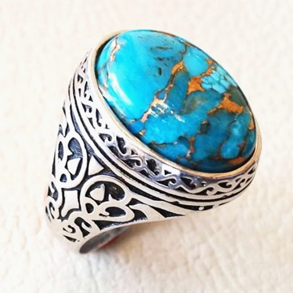 Vintage Fashion Carving Turquoise Gemstones Rings for Men Women Thai Silver Color Jewelry Bague Bijoux Party Accessories Gifts