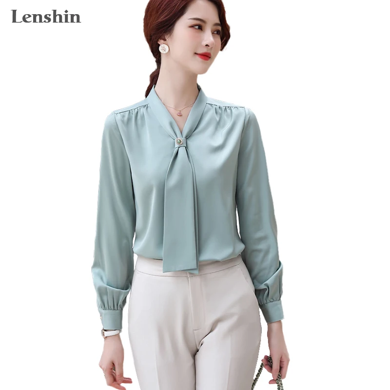 Lenshin Zachte Stof Shirts Voor Vrouwen V-hals Blouse Met Boog Werkkleding Kantoor Dame Vrouwelijke Tops Chemise Losse Stijl