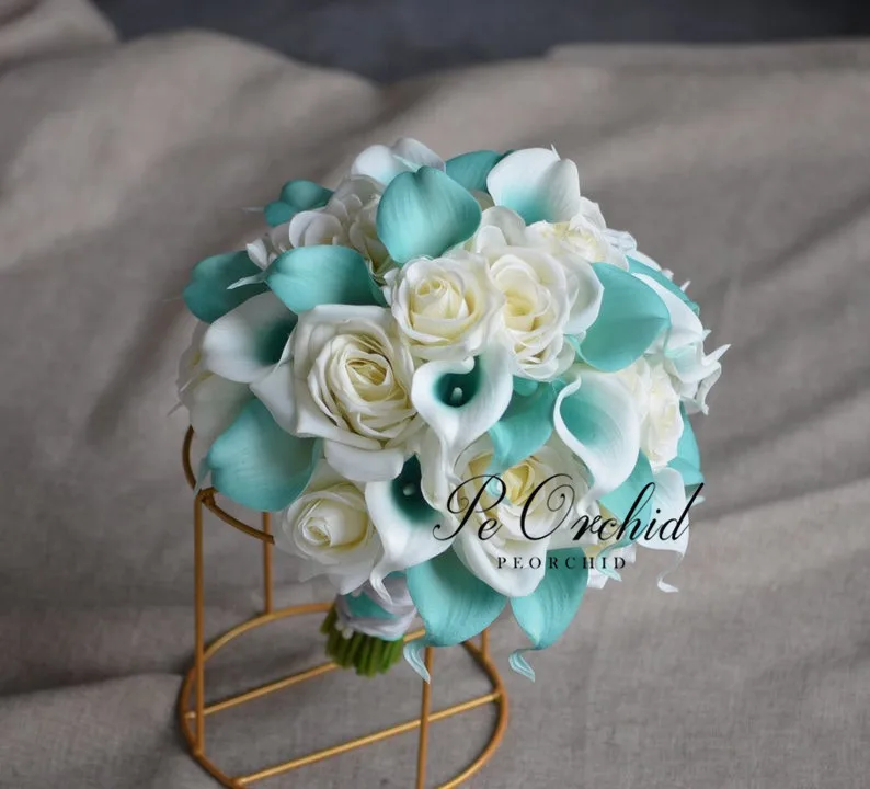 PEORCHID Romantic Tiffany Blue Bridal Bouquet Rose&Calla Lily Artificial Brides flowers Wedding Bouquet De Mariage Custom