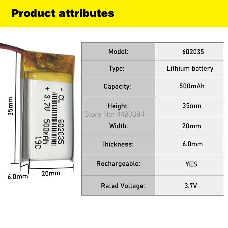 3.7 فولت 602035 500 مللي أمبير ليثيوم أيون بوليمر بطارية قابلة للشحن ل نظام GPS مزود بمسجل فيديو رقمي سيارة تاكوغراف سماعة رأس مزودة بتقنية البلوتوث بطارية