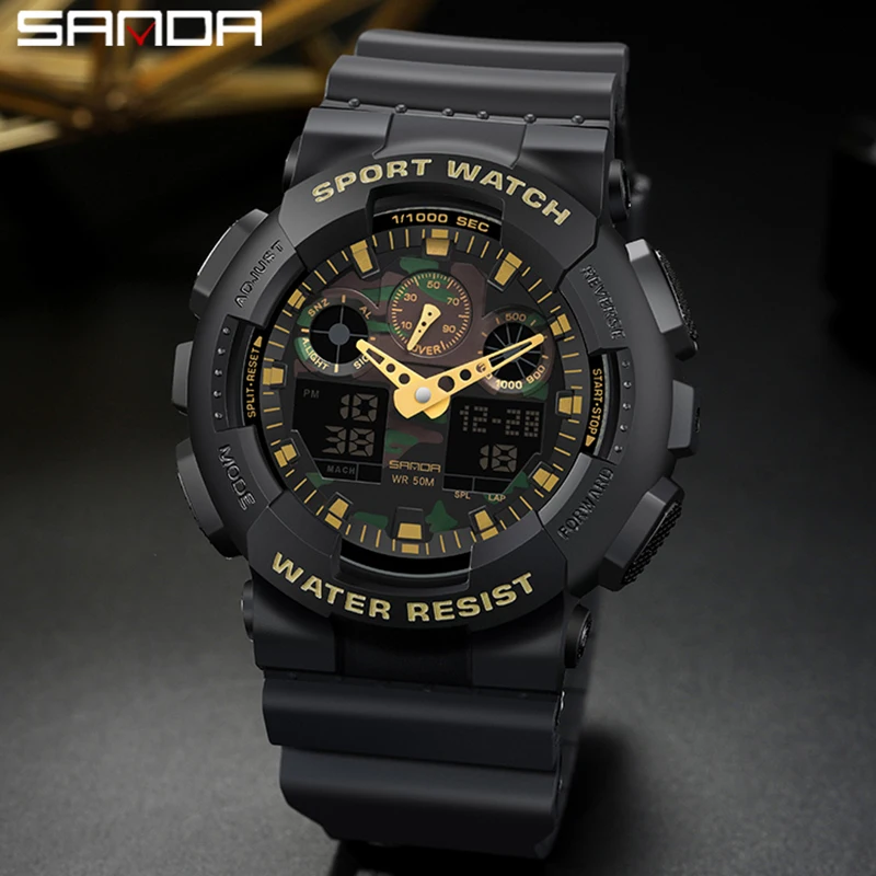 Fashion Sanda Top Brand Dual Display Quartz Watch Men\'s Luxury Sports Led Luminous Waterproof S Shockproof Automatic Date Reloj