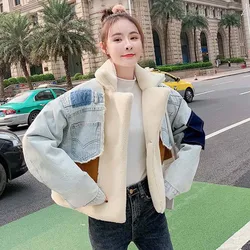 2021 Winter Fashion  Patchwork Irregular Hit Color Coats Women Lapel Collar Long Sleeve Vintage Autumn Denim Jackets Female