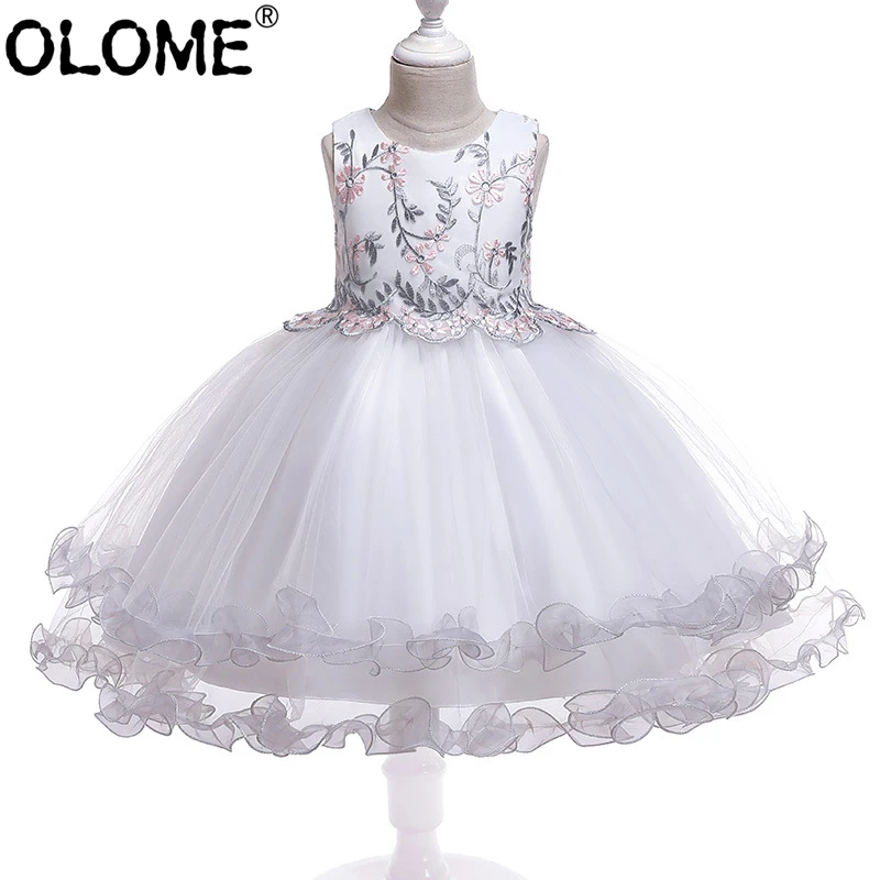 

White Evening Dress Kid Girl Wedding Party Dress Toddler Ball Gown Baby Floor Evening Embroidery Elegant Robe OLOME 2-8 Years