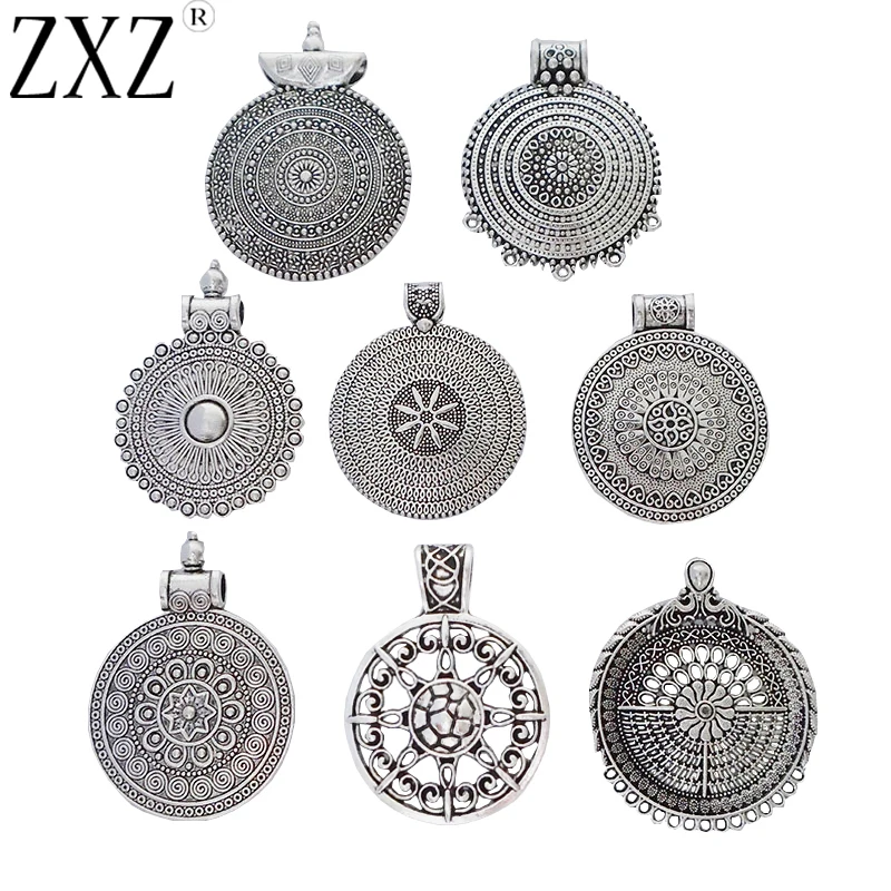 ZXZ 6pcs Tibetan Silver Bohemia Boho Round Flower Charms Pendants for Necklace Jewelry Making Accessories